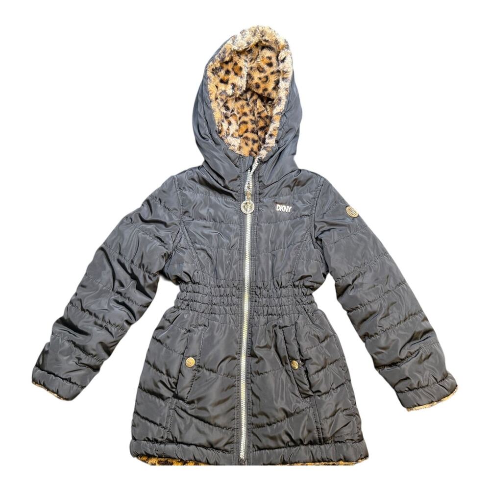 DKNY Girls Reversible Black Puffer Jacket with Leopard Faux Fur Lining